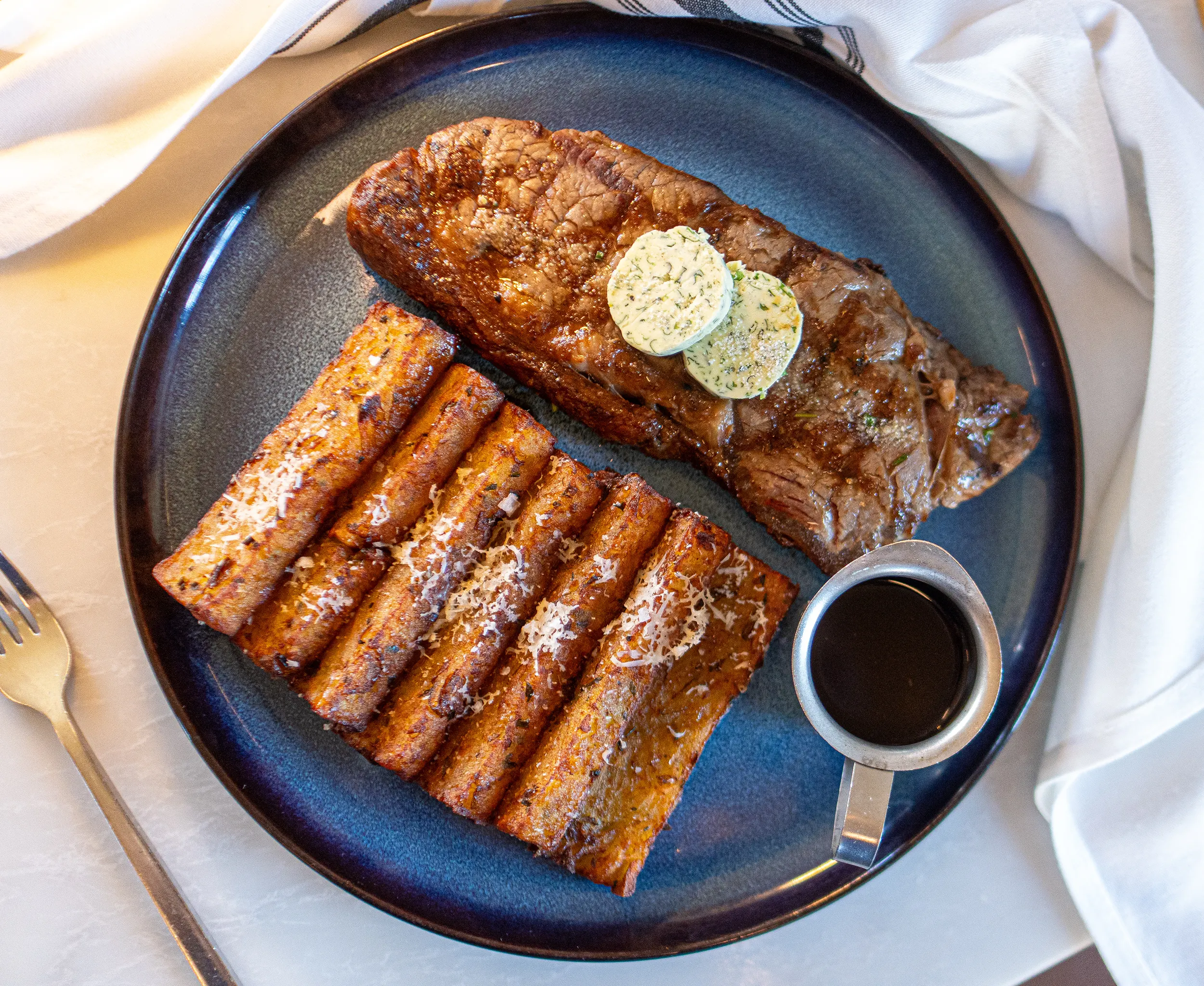 ny strip w potato - leek rosti